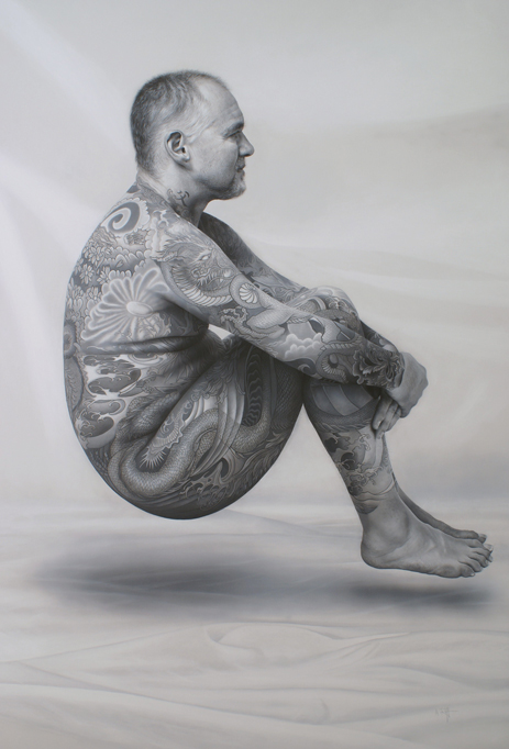 The Curious Case of the Levitating Tattooed Man Acrylic on canvas